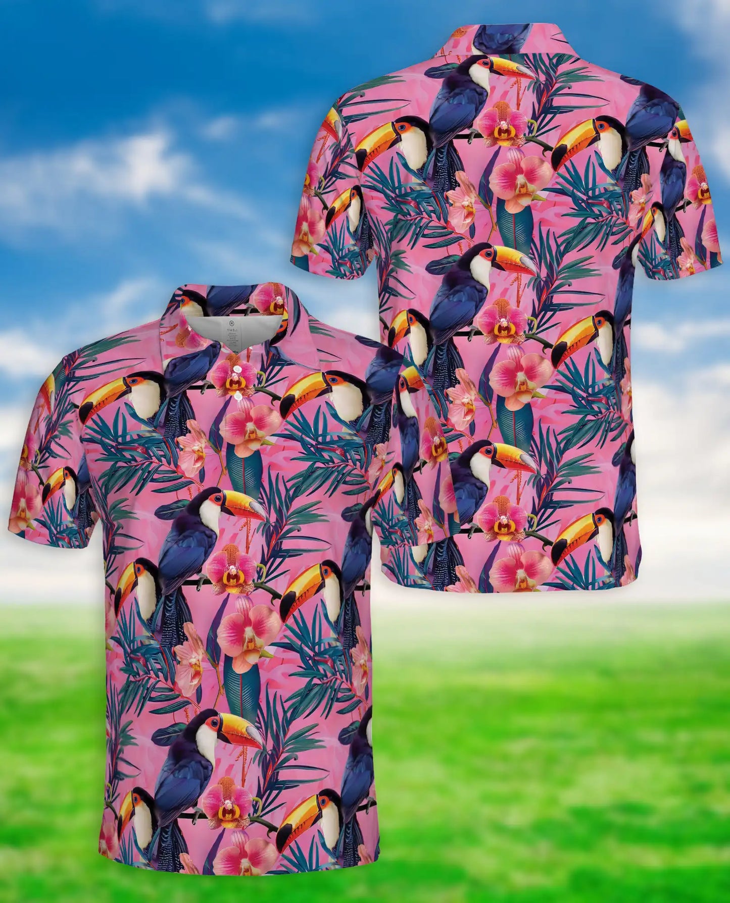 Pink Tropical Toucan Polo Shirt Exotic Bird Floral Print | Azhawaiian
