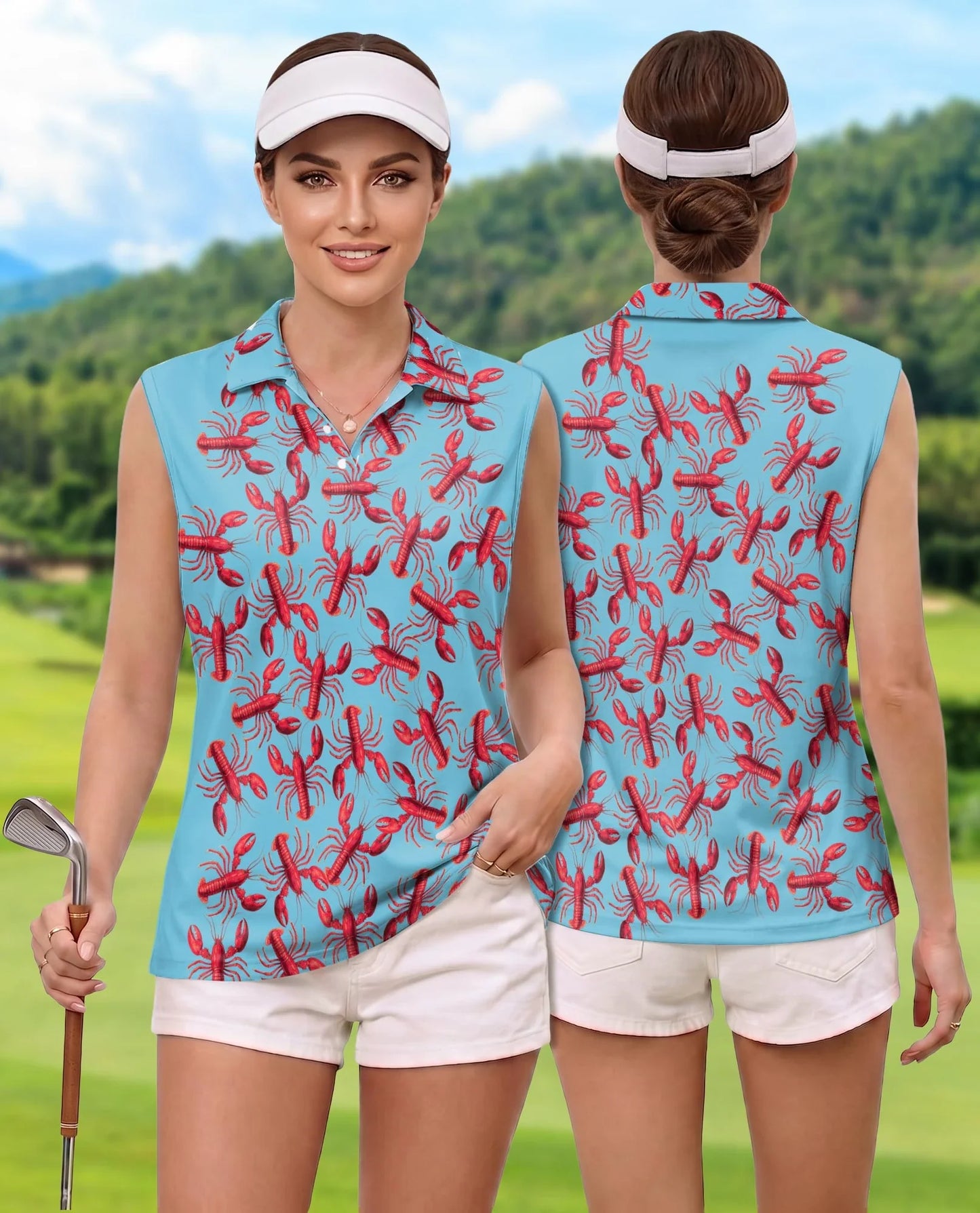 Lobster Red Pattern Sleeveless Polo Shirt for Women | Azhawaiian