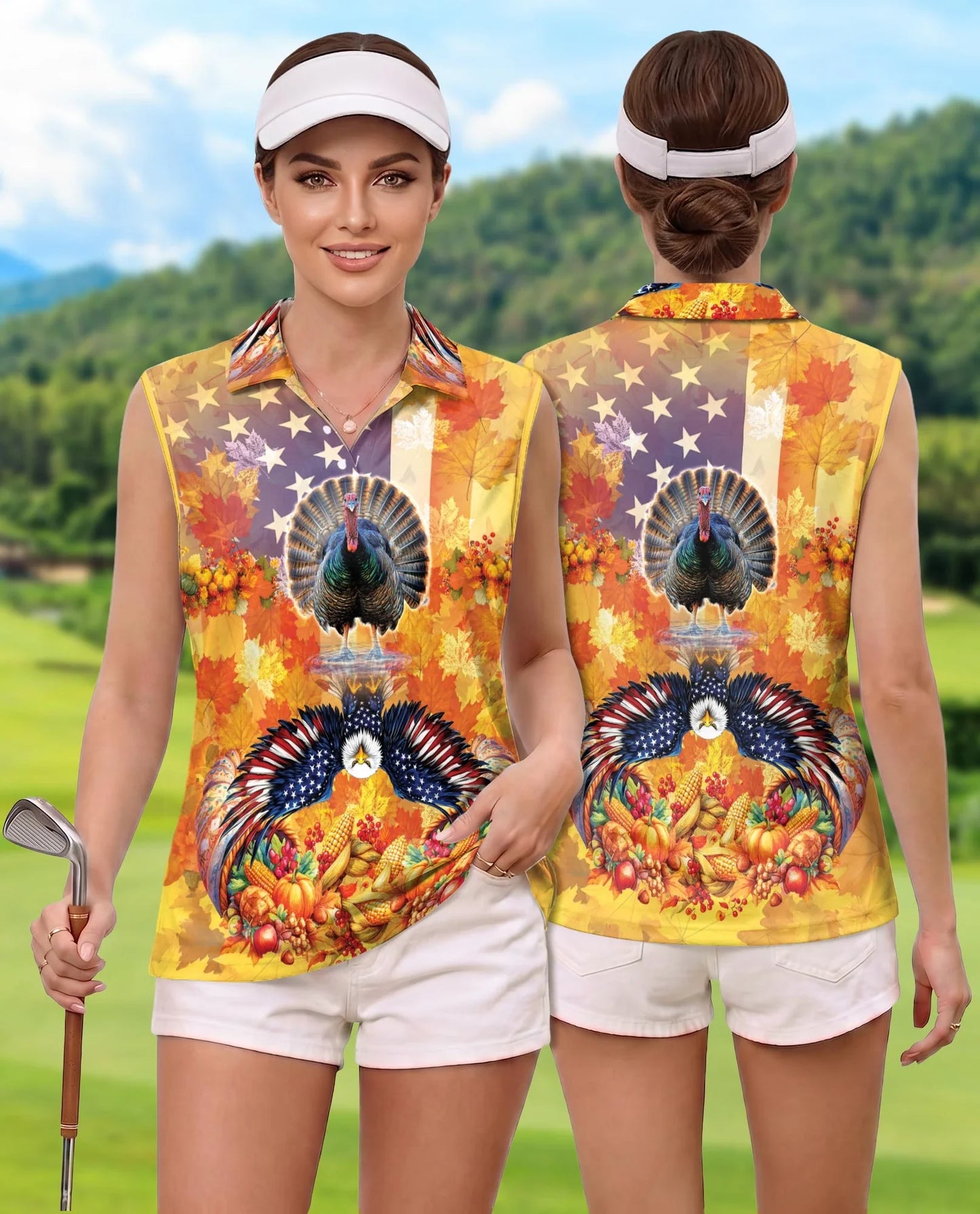 Turkey and Eagle Thanksgiving Sleeveless Polo Shirt for Women | Azhawaiian