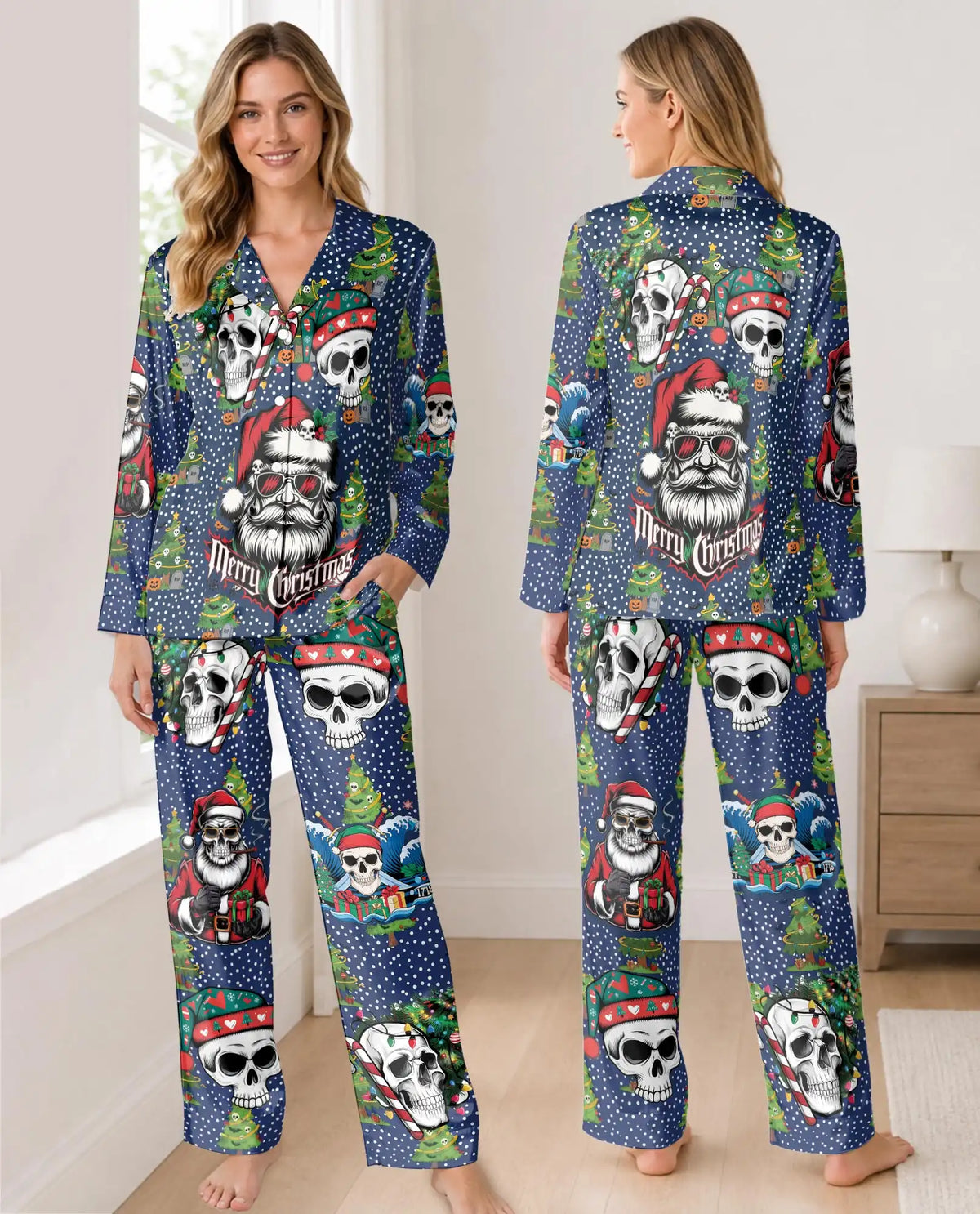 Gothic Christmas Pajama Set for Women, Skeleton Santa Holiday Sleepwear
