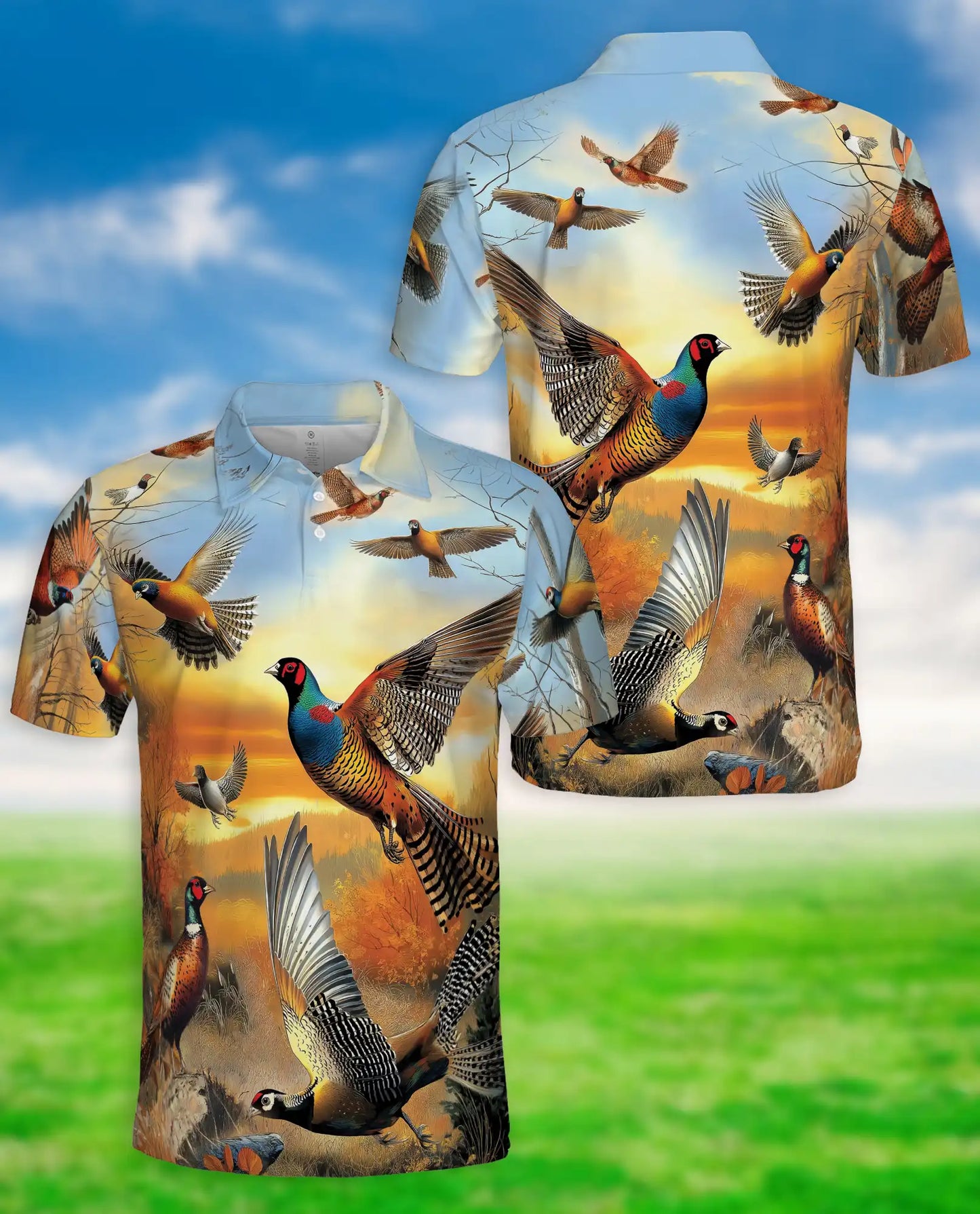 Pheasant Hunting Wildlife 3D Polo Shirt for Men, Rustic Outdoor Nature Style | Azhawaiian