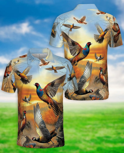 Pheasant Hunting Wildlife 3D Polo Shirt for Men, Rustic Outdoor Nature Style | Azhawaiian