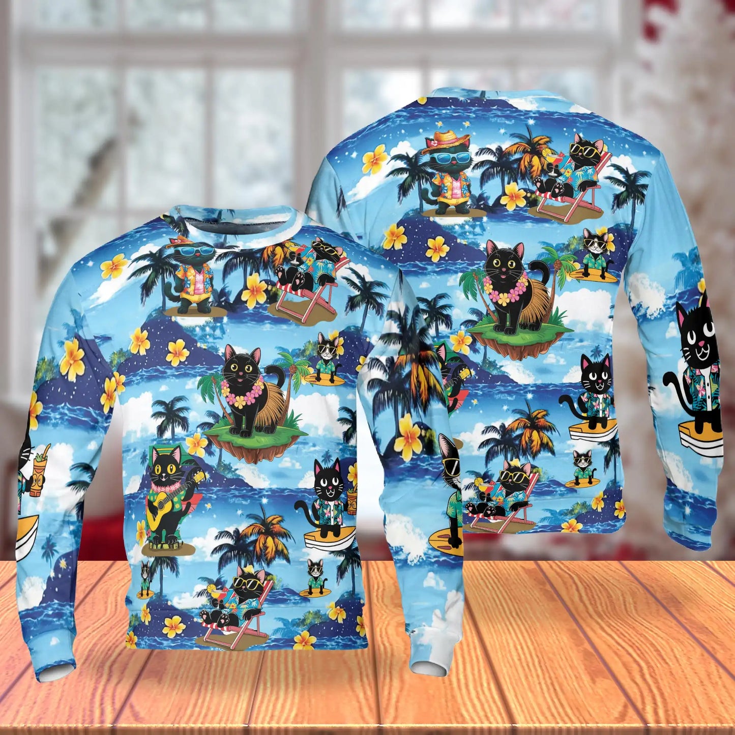 Funny Black Cat Aloha Beach Sweatshirt – Tropical 3D All Over Print Design