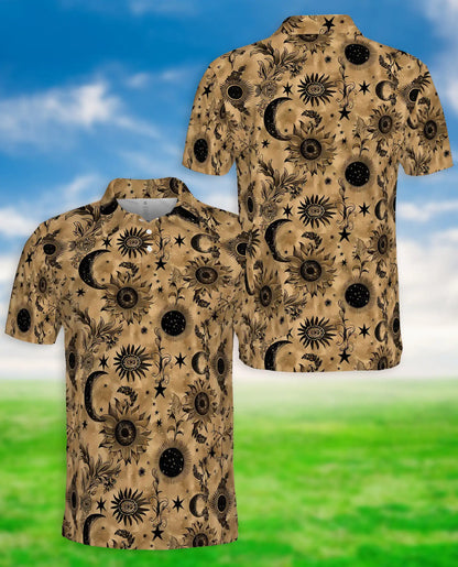 Celestial Sunflower Polo Shirt for Men-Boho Moon Stars Botanical Floral Shirt | Azhawaiian