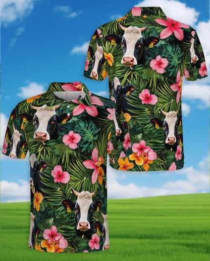Holstein Cow Tropical Polo Shirt - Hawaiian Farm Animal Floral Design | Azhawaiian