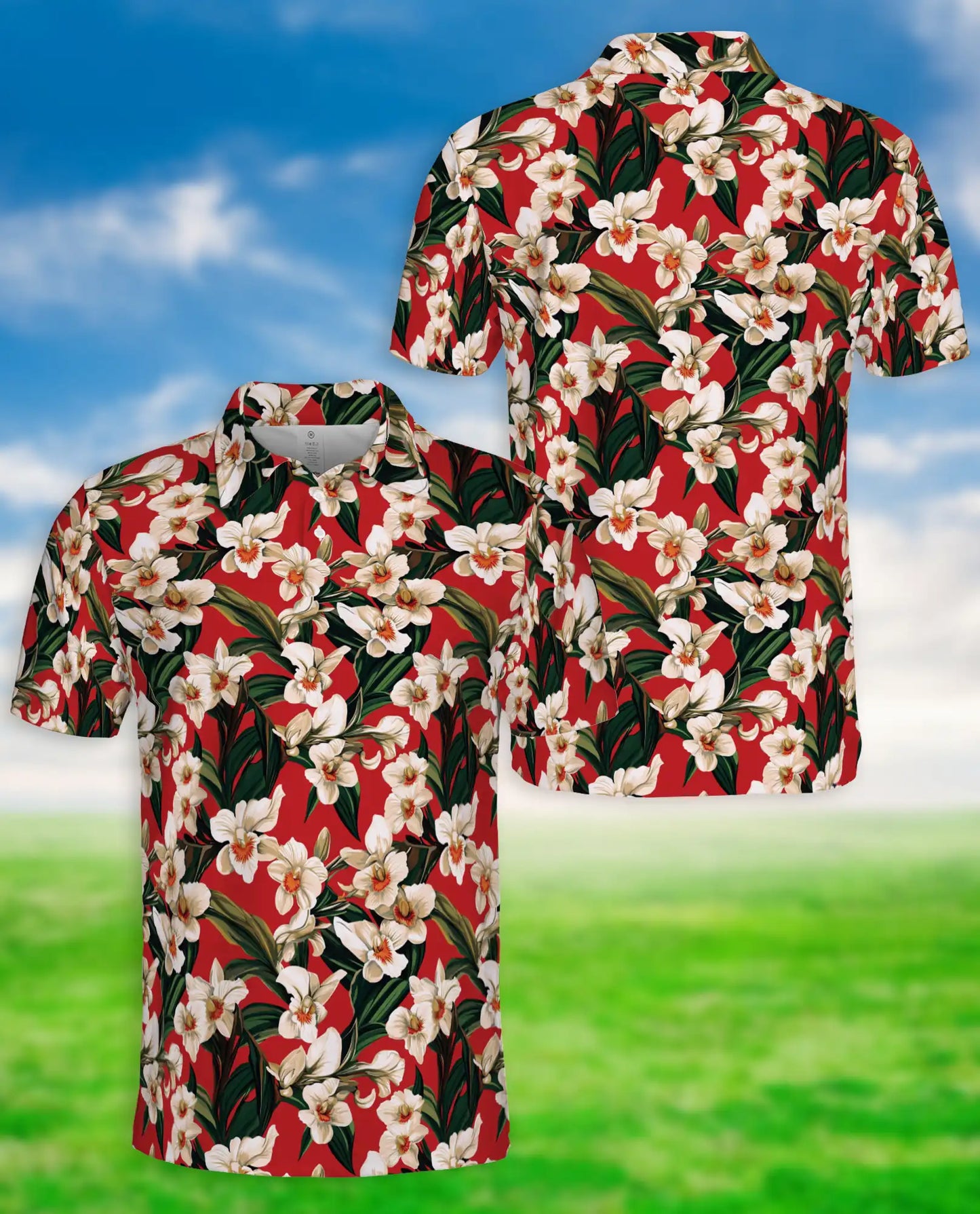 Red Floral Polo Shirt, Tropical Orchid Print | Azhawaiian