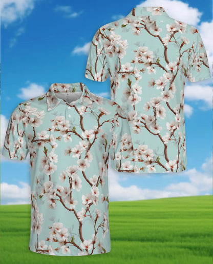 White Cherry Blossom Polo Shirt for Men, Spring Floral Style | Azhawaiian