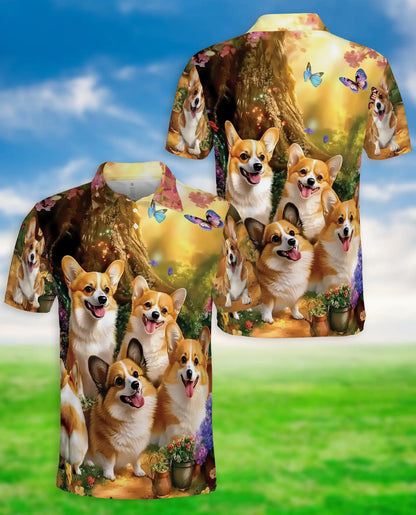 Cute Corgi Garden 3D Polo Shirt for Men, Fantasy Dog Nature Style | Azhawaiian