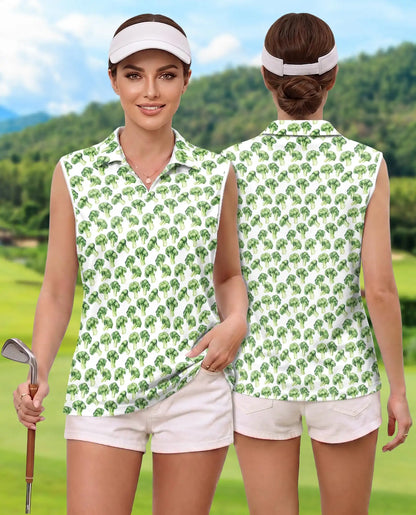 Vegetable Print Sleeveless Polo Shirt for Women, Fresh Food Lover Style | Azhawaiian