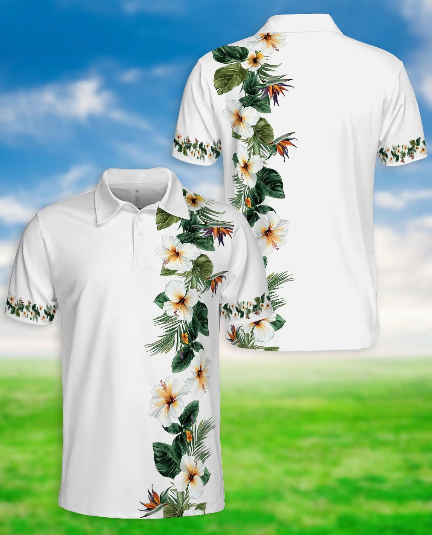 White Tropical Hibiscus 3D Polo Shirt for Men, Elegant Hawaiian Floral Style | Azhawaiian