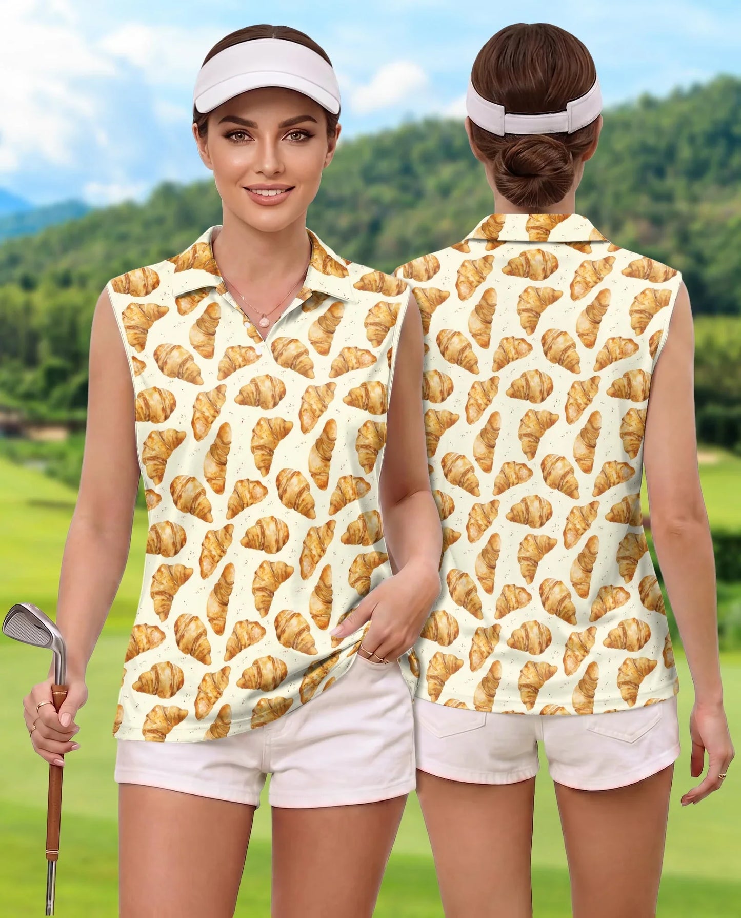 Croissant Pattern Sleeveless Polo Shirt for Women, Cute Bakery Food Style | Azhawaiian