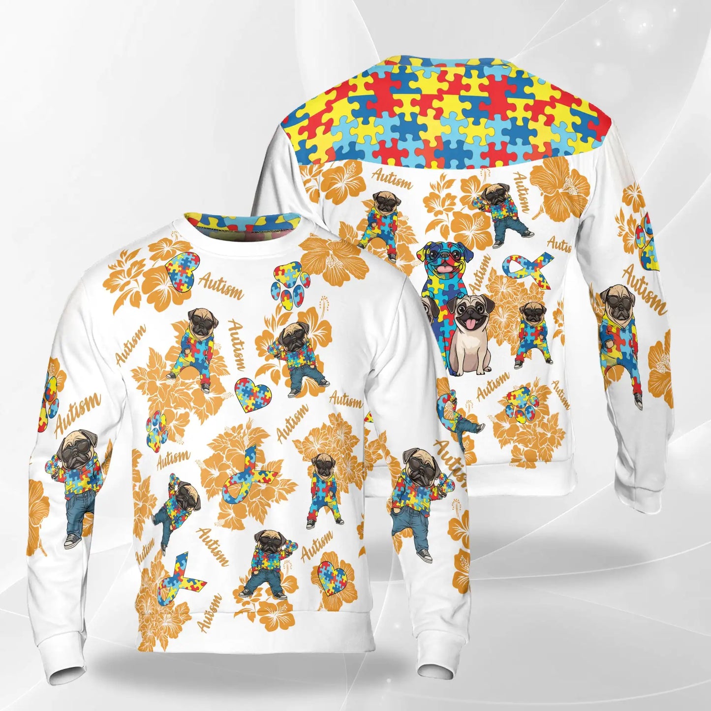 Pug Autism Awareness Sweatshirt – Colorful Graphic 3D All Over Print Design