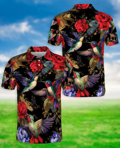 Hummingbird Floral Polo Shirt, Elegant Rose Print | Azhawaiian