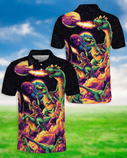 Space Dinosaur Polo Shirt, T-Rex Galaxy Print | Azhawaiian