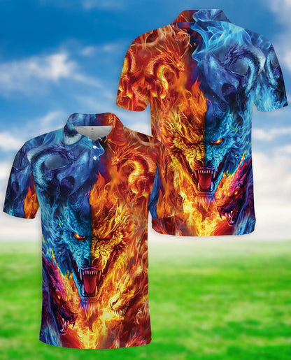Fire and Ice Dragon 3D Polo Shirt for Men, Fantasy Mythical Beast Style | Azhawaiian