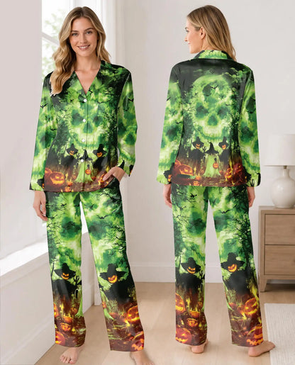 Pumpkin Halloween Pajama Set for Women, Haunted Forest Spooky Sleepwear