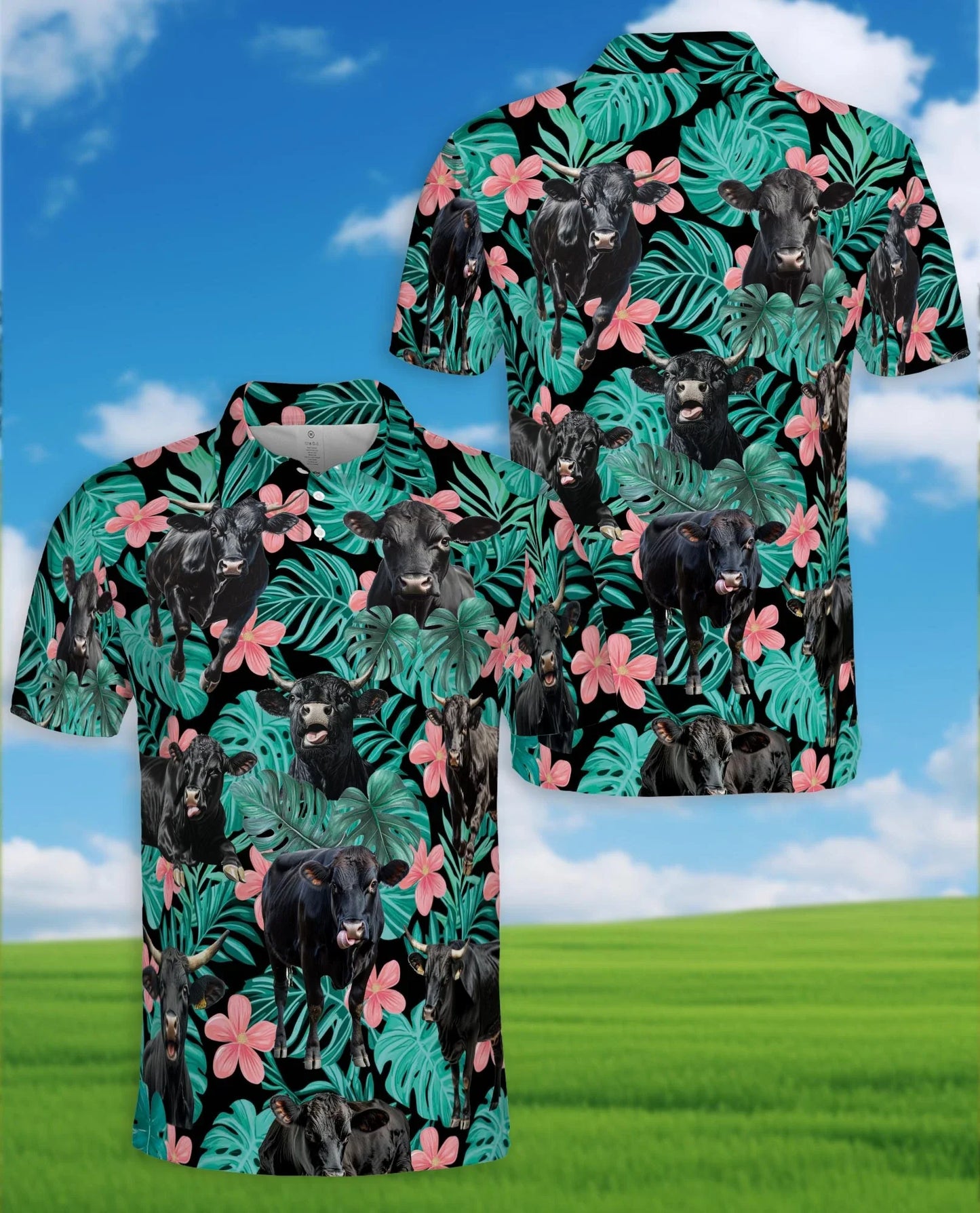 Tropical Black Cow Polo Shirt for Men, Farm Animal Lover Style | Azhawaiian