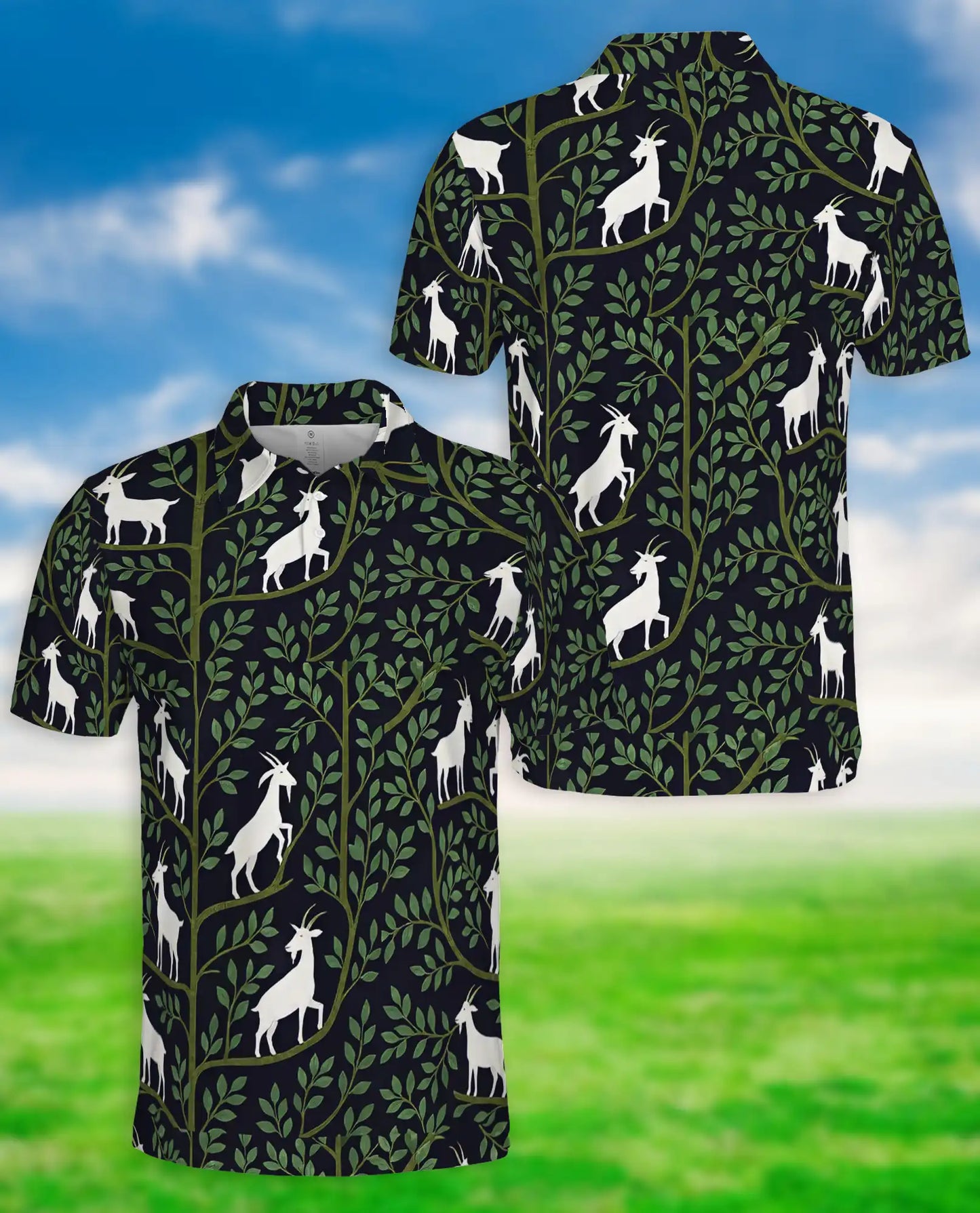 Botanical Goat Polo Shirt, Woodland Nature Print | Azhawaiian