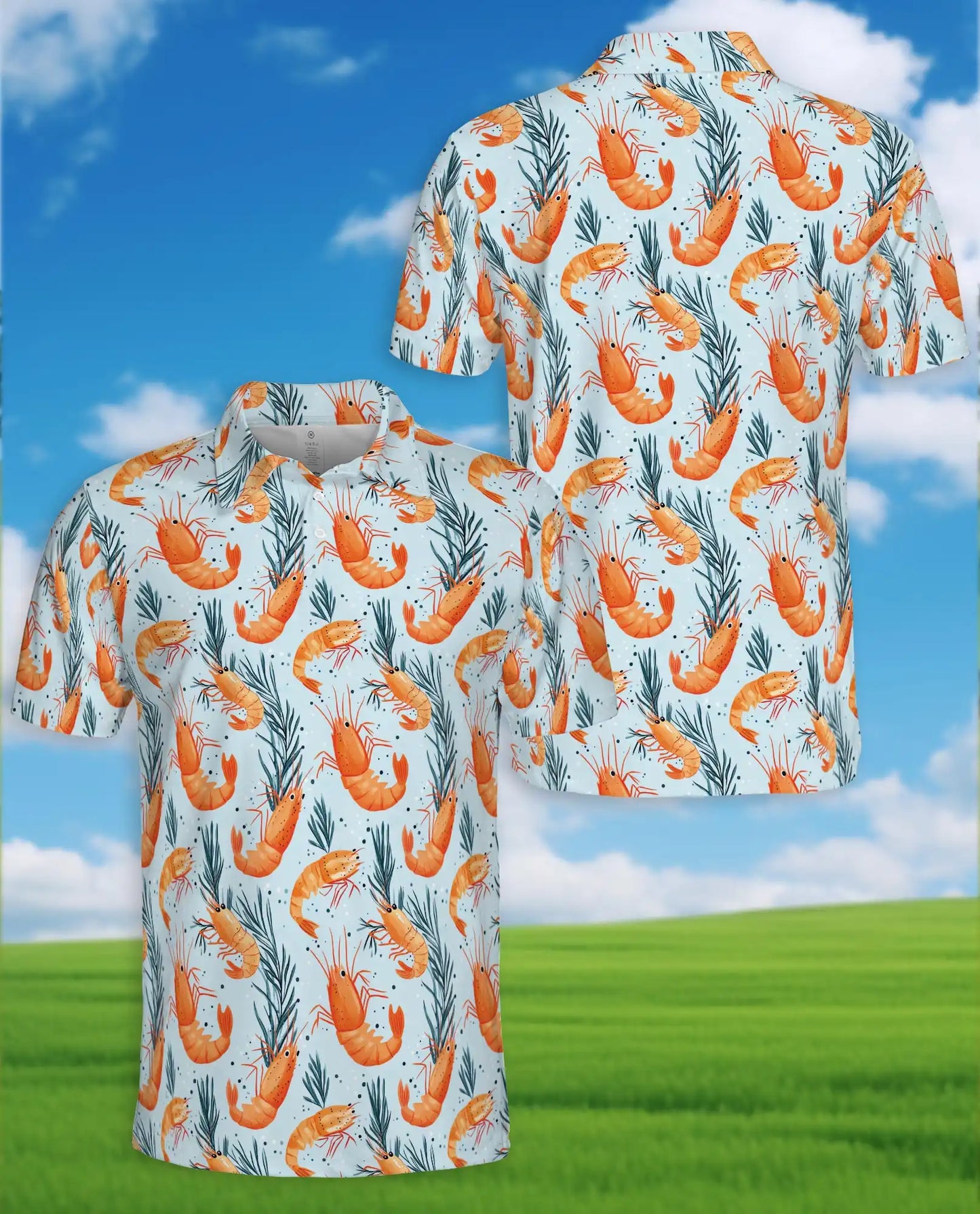 Tropical Shrimp Polo Shirt for Men - Coastal Seafood Hawaiian Summer | Azhawaiian