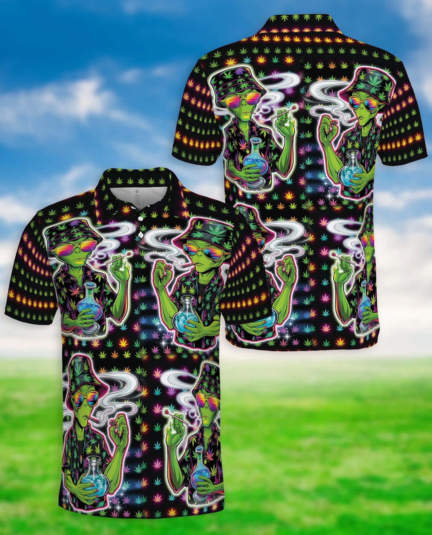 Funny Alien Neon 3D Polo Shirt for Men, Psychedelic Space Style | Azhawaiian