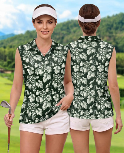 Grape And Vine Sleeveless Polo Shirt for Women, Elegant Botanical Style | Azhawaiian