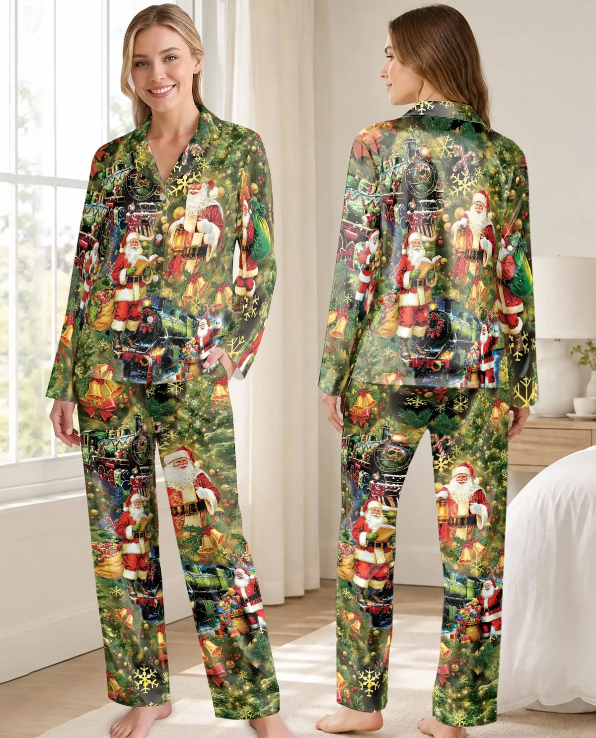 Vintage Santa Christmas Pajama Set for Women – Train & Lantern Print