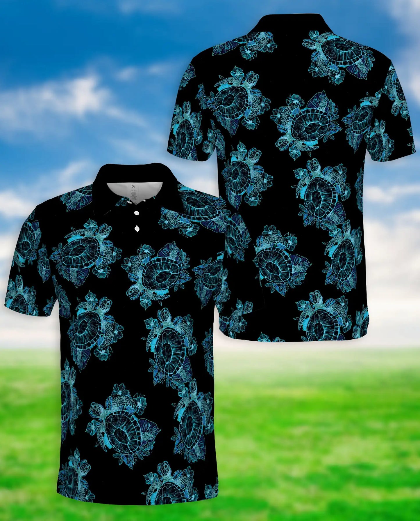 Sea Turtle Polo Shirt, Blue Tribal Hawaiian Print | Azhawaiian