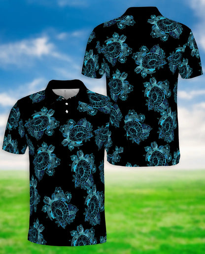 Sea Turtle Polo Shirt, Blue Tribal Hawaiian Print | Azhawaiian