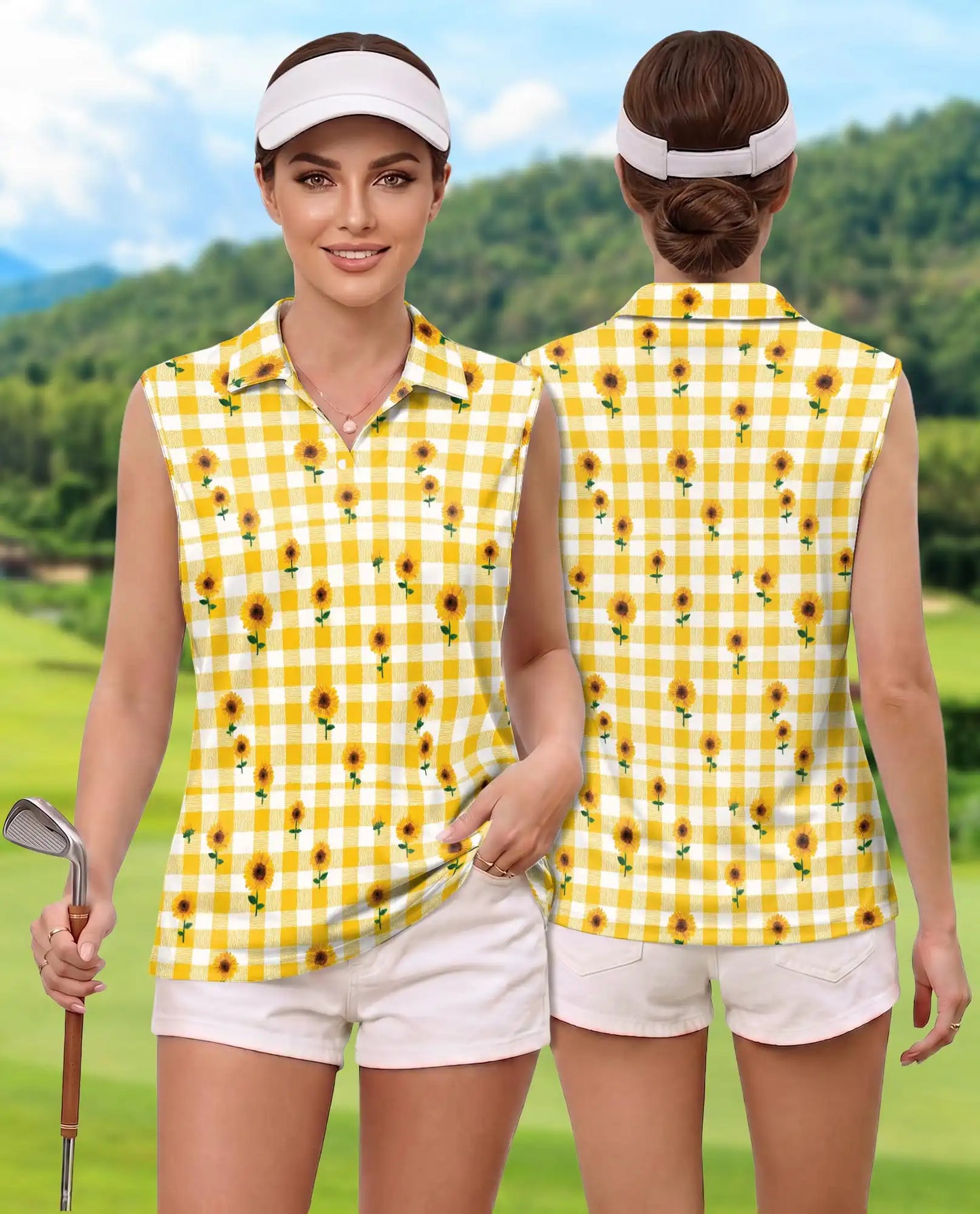 Yellow Gingham Sunflower Sleeveless Polo Shirt for Women | Azhawaiian