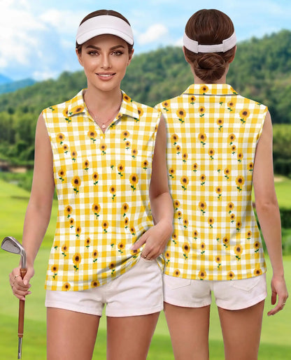 Yellow Gingham Sunflower Sleeveless Polo Shirt for Women | Azhawaiian