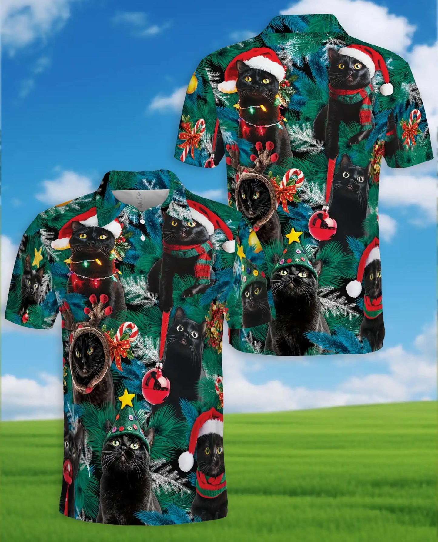 Black Cat Christmas Polo Shirt - Festive Holiday Pet Style | Azhawaiian