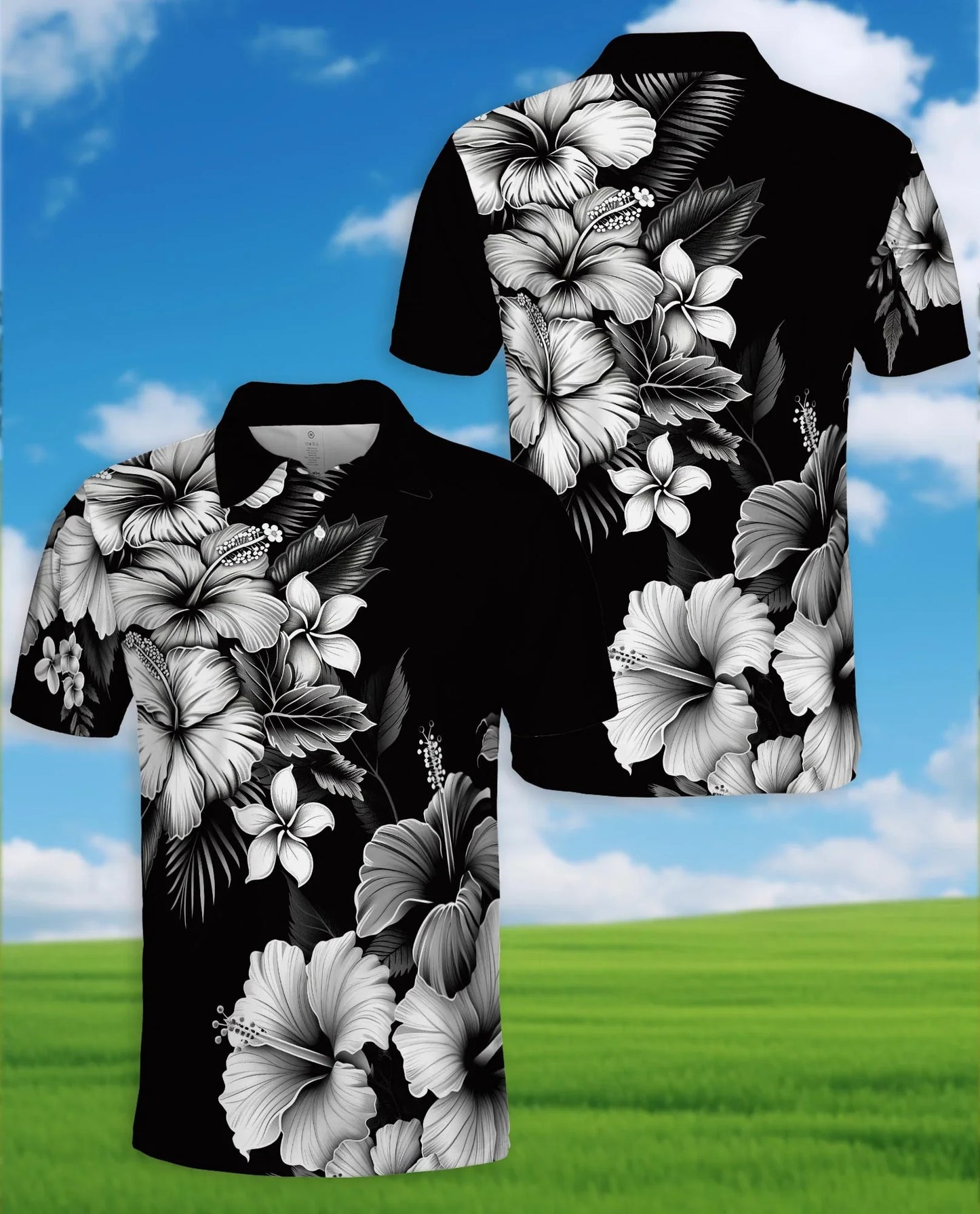 Black White Hibiscus Polynesian Polo Shirt for Men, Tribal Island Style | Azhawaiian