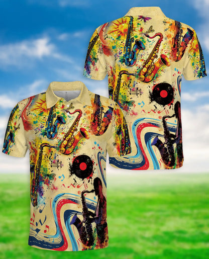 Saxophone Music 3D Polo Shirt for Men, Jazz Retro Art Style | Azhawaiian