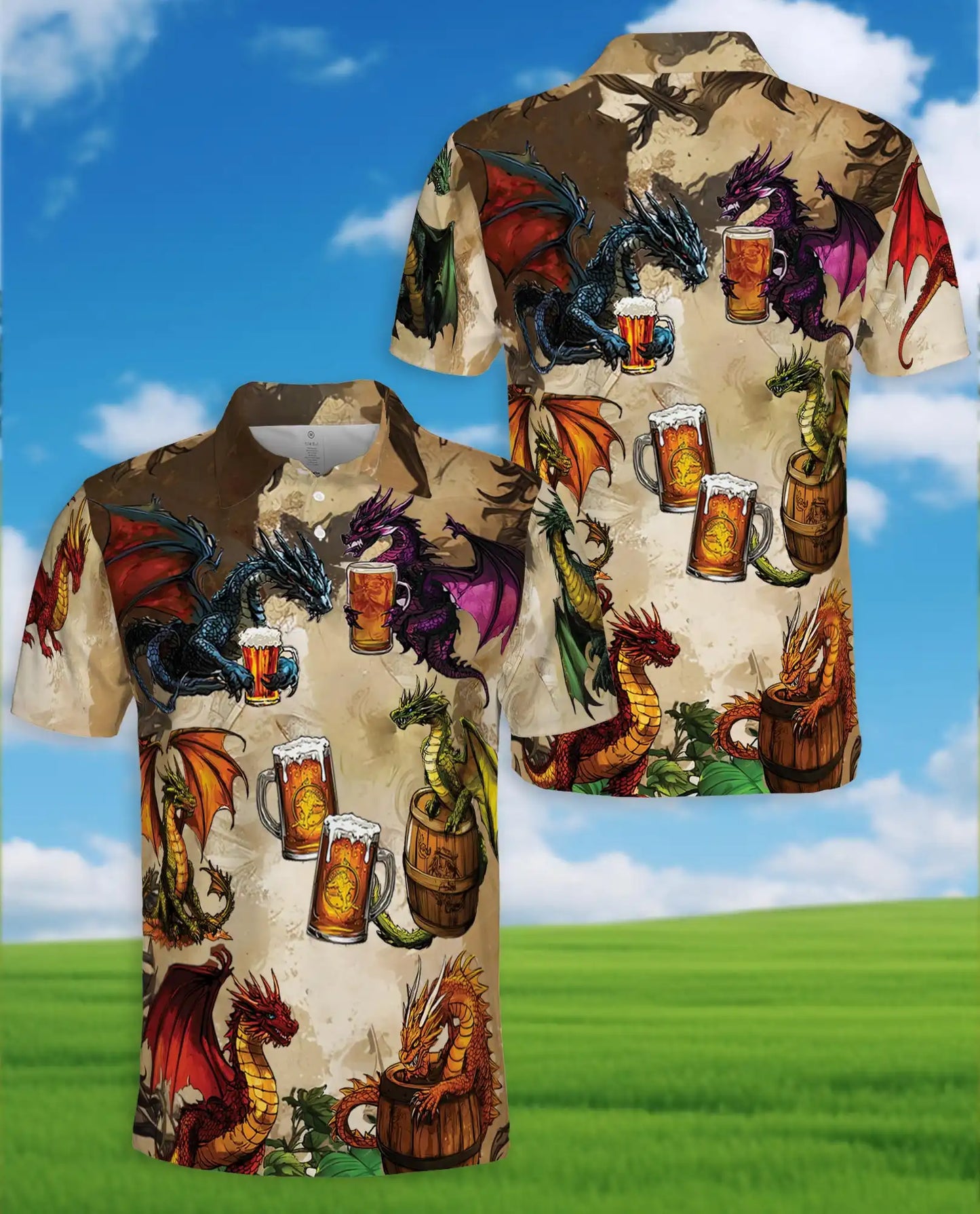 Fantasy Dragon Beer Polo Shirt - Medieval Tavern Style | Azhawaiian