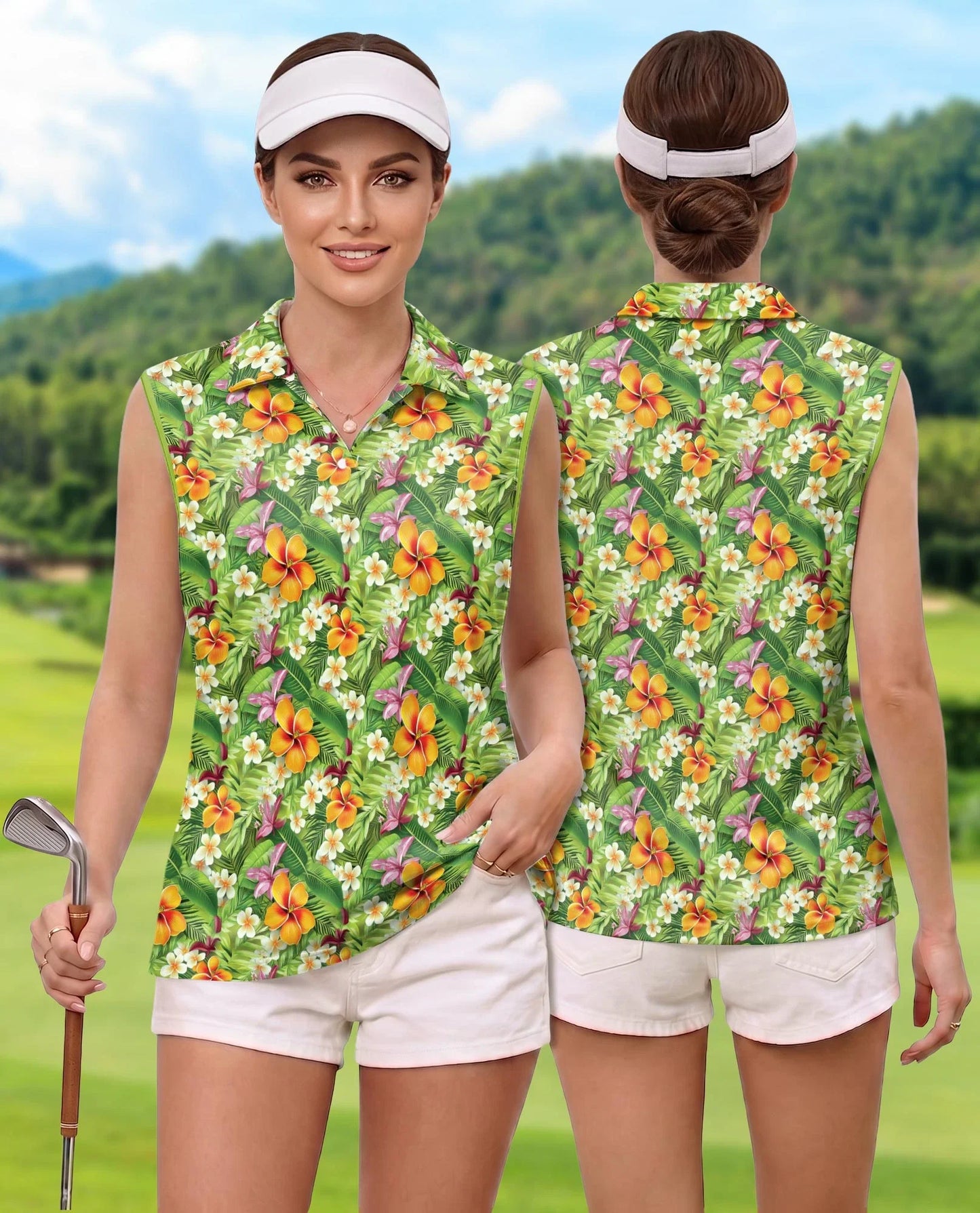 Tropical Floral Sleeveless Polo Shirt for Women, Colorful Summer Style | Azhawaiian