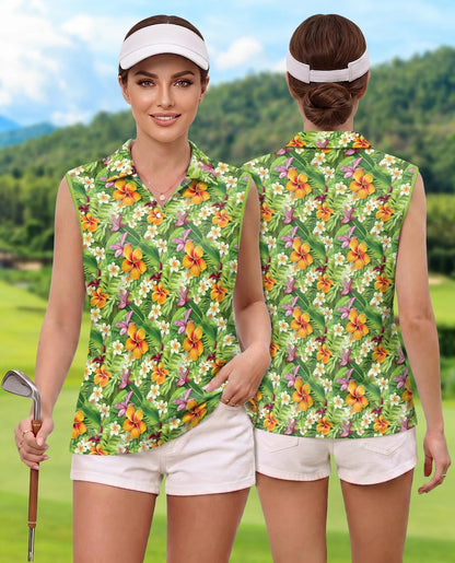 Tropical Floral Sleeveless Polo Shirt for Women, Colorful Summer Style | Azhawaiian