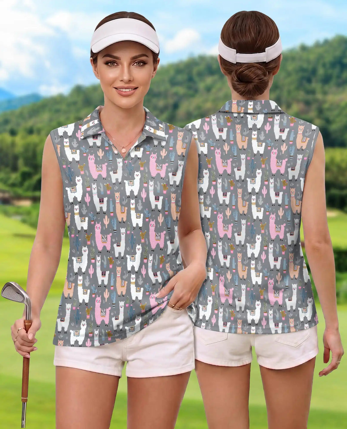 Llamas And Cacti Sleeveless Polo Shirt for Women, Desert Animal Style