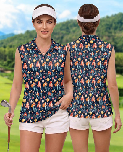 Under The Sea Mermaid Sleeveless Polo Shirt for Women, Ocean Fantasy Style | Azhawaiian