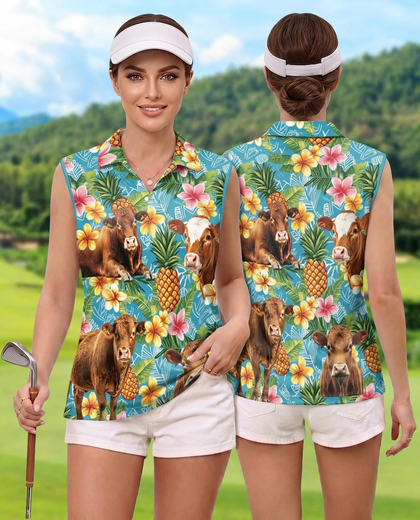Red Angus Cattle Lovers Pineapple Sleeveless Polo Shirt for Women | Azhawaiian