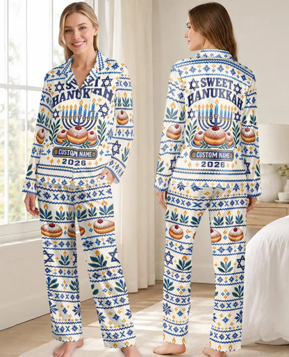 Personalized Sweet Hanukkah Pajama Set for Women – Custom Name & Year Donut Print