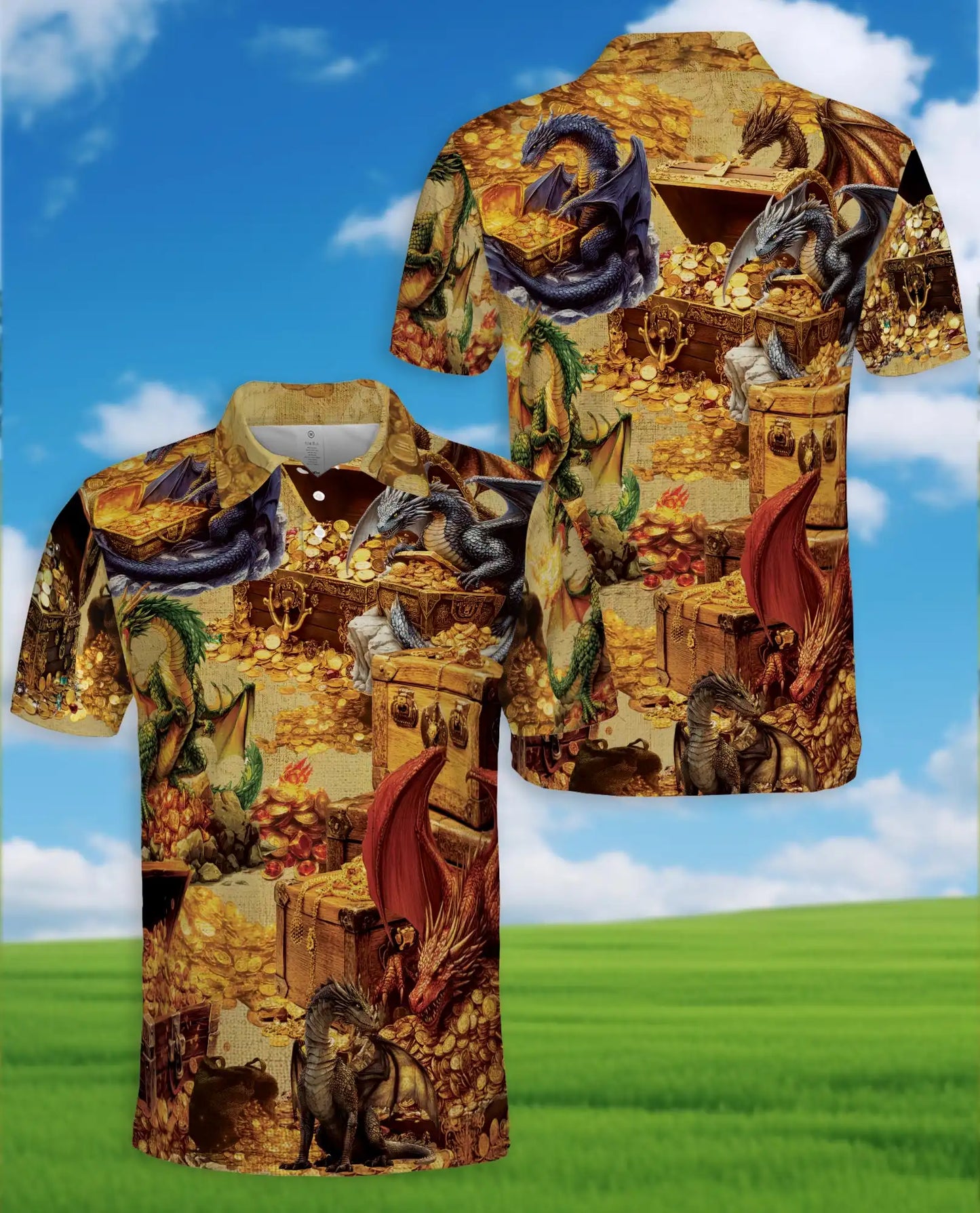 Dragon Treasure Hoard Polo Shirt for Men - Medieval Fantasy Gold | Azhawaiian