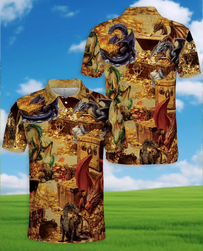 Dragon Treasure Hoard Polo Shirt for Men - Medieval Fantasy Gold | Azhawaiian