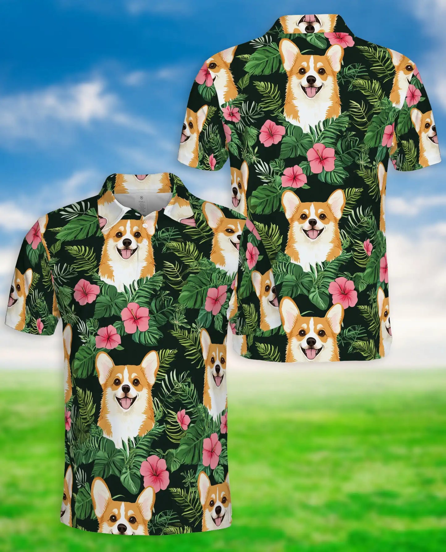 Corgi Tropical 3D Polo Shirt for Men, Cute Dog Floral Style | Azhawaiian