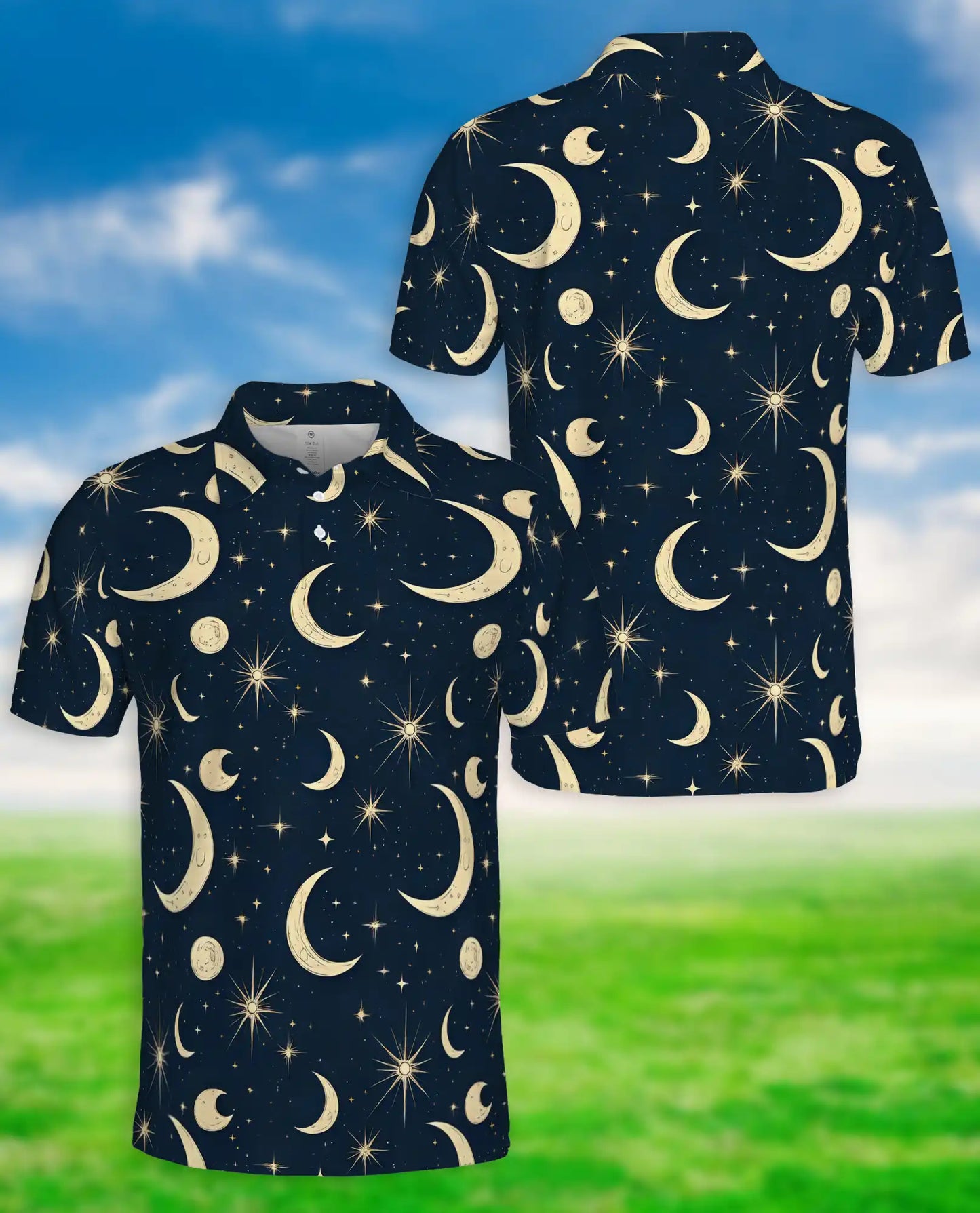 Celestial Moon Polo Shirt- Night Sky Stars Cosmic Print | Azhawaiian