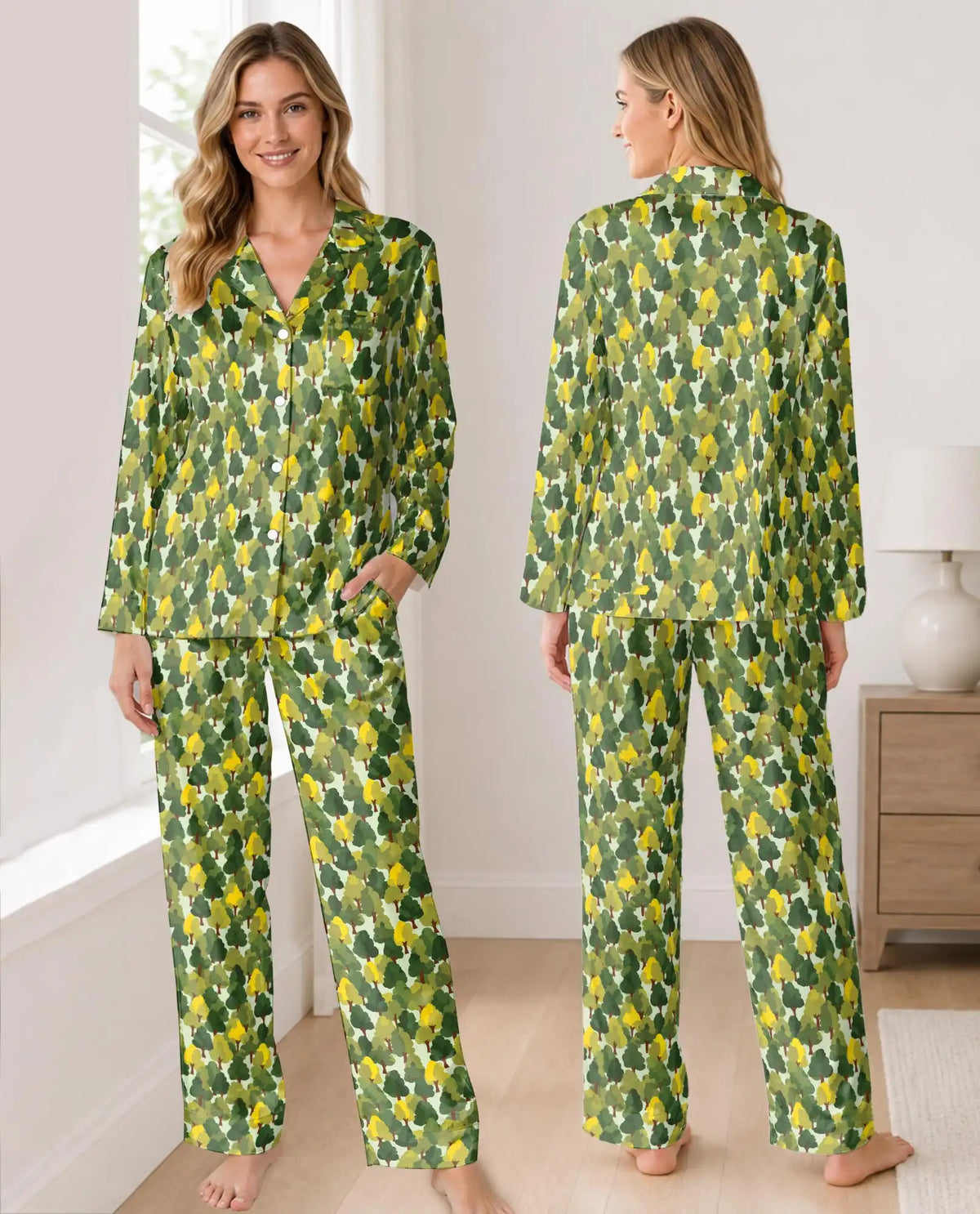 Woodland Tree Camo Pajama Set for Women – Green & Yellow Forest Print