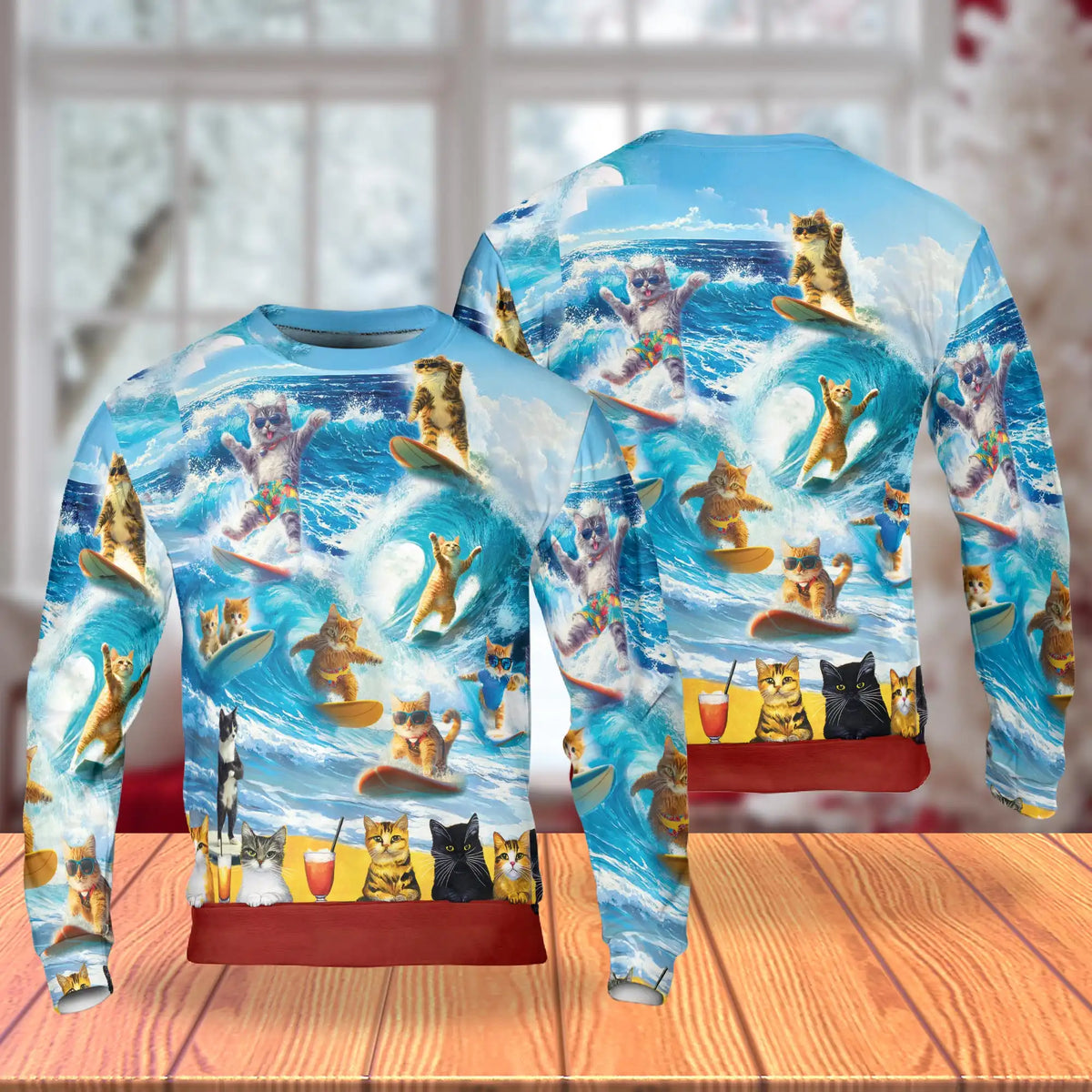 Cat Surfing Sweatshirt – Colorful Graphic 3D All Over Print Design