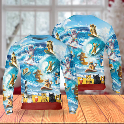 Cat Surfing Sweatshirt – Colorful Graphic 3D All Over Print Design