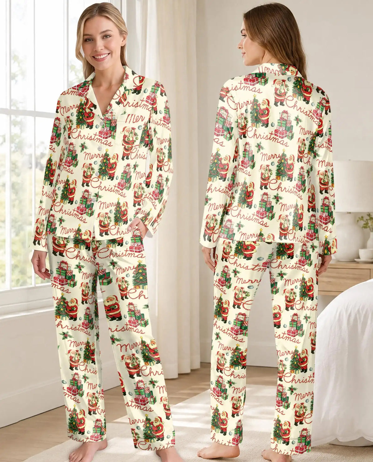 Vintage Santa Christmas Pajama Set for Women – Retro Holiday Print