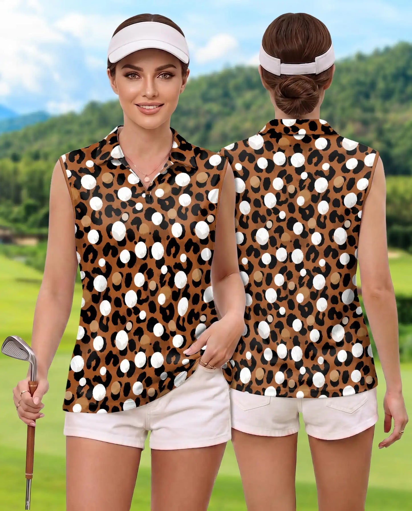 Leopard Polka Dot Print Sleeveless Polo Shirt for Women | Azhawaiian