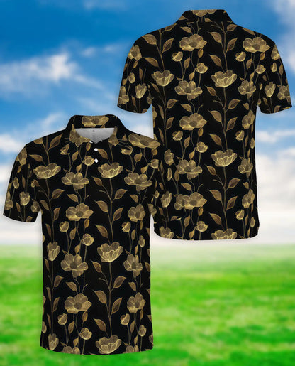 Elegant Gold Floral Polo Shirt for Men- Black Luxury  Pattern Shirt | Azhawaiian